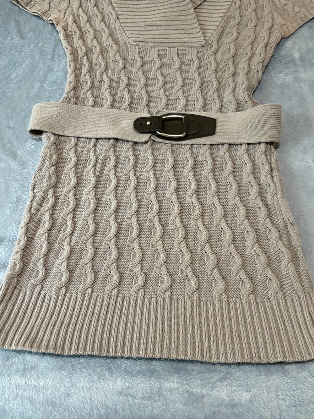 bebe Gray Cable Knit Shawl Collar Mini Dress with Belt - Picture 8 of 8